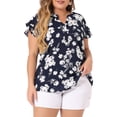 thumbnail image 1 of DARING DIVA Women's Plus Floral Print Ruffle Trim V Neck Blouse 1X Navy Blue, 1 of 6