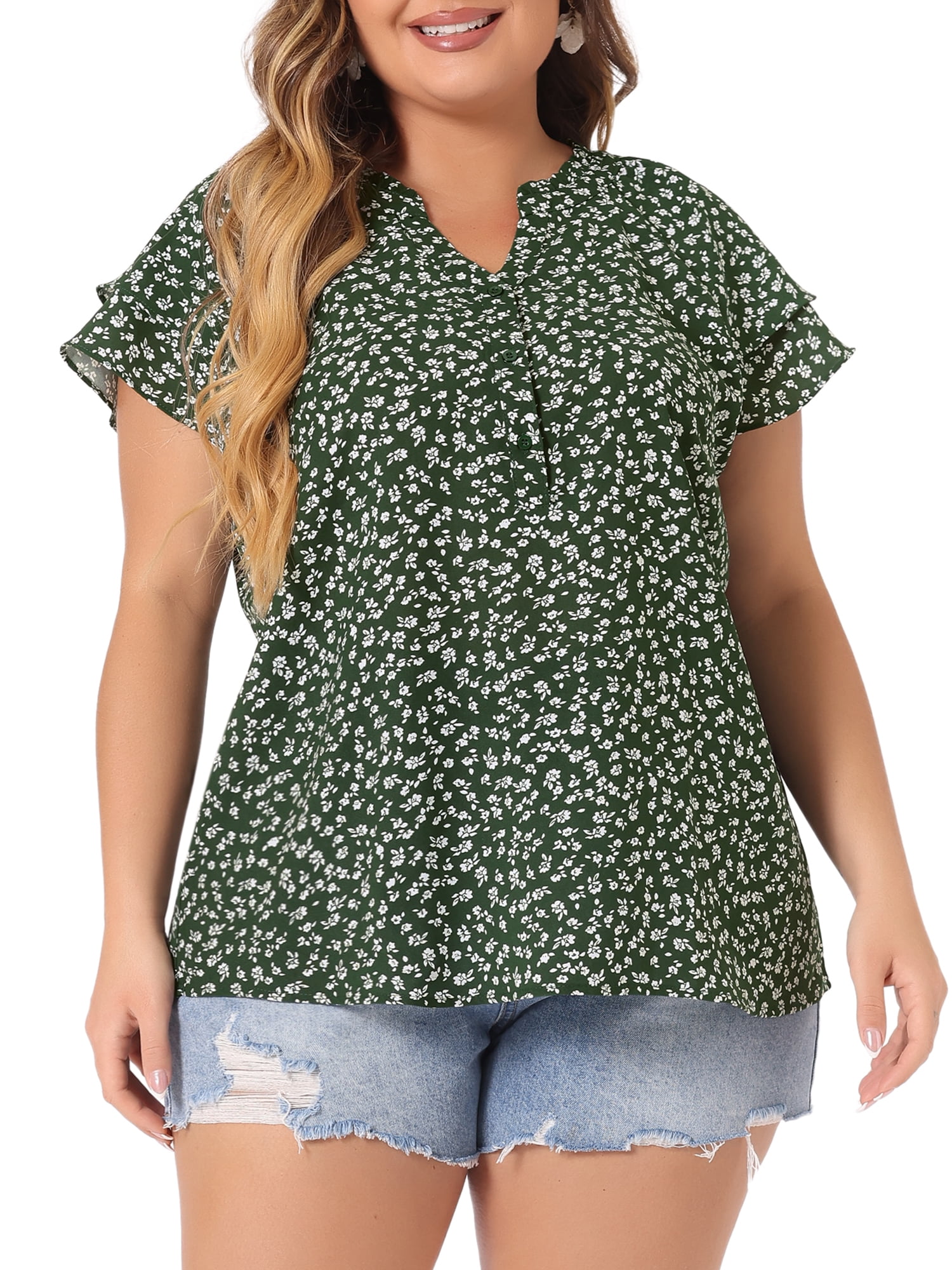 Unique Bargains Women's Plus Size Layered Sleeve V Neck Floral Tops Tunics 3X Dark Green