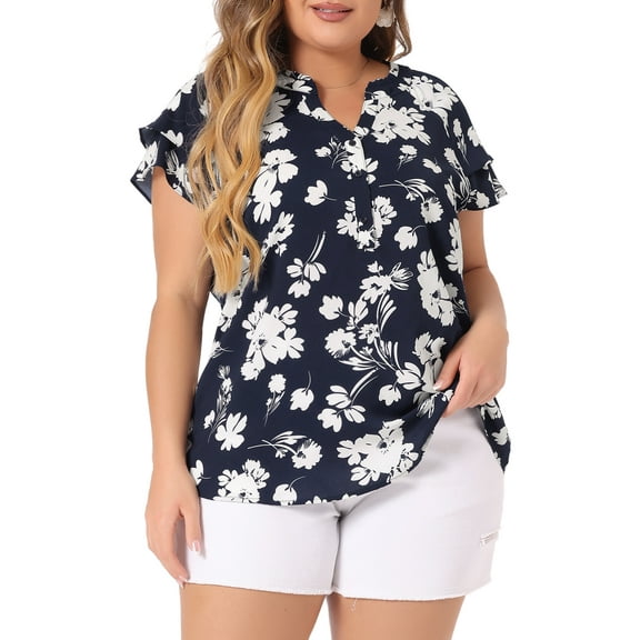DARING DIVA Women's Plus Floral Print Ruffle Trim V Neck Blouse 4X Navy Blue