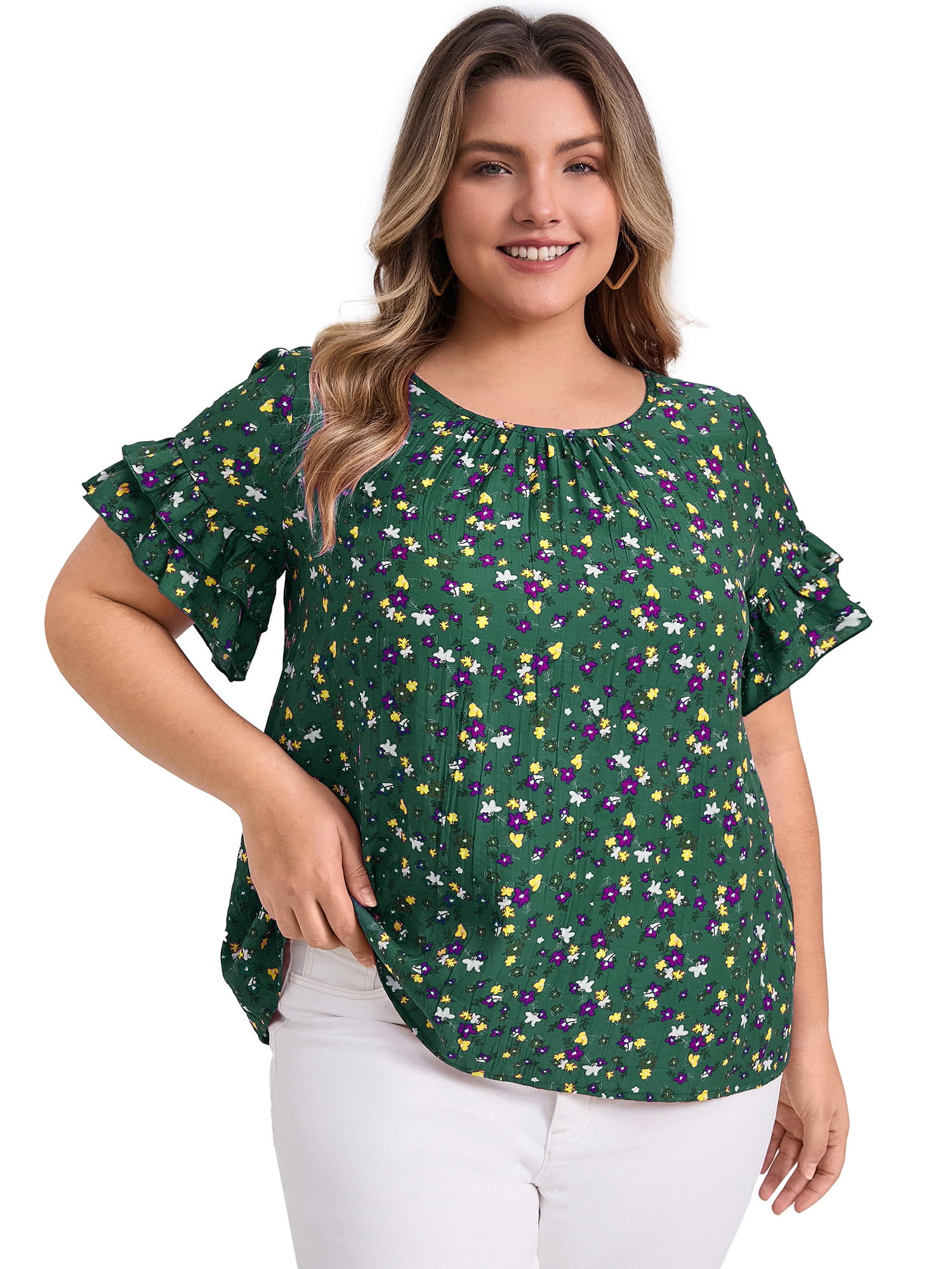 DARING DIVA Women's Plus Floral Print Ruffles Blouse 3X Dark Green