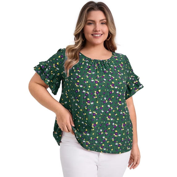DARING DIVA Women's Plus Floral Print Ruffles Blouse 3X Dark Green