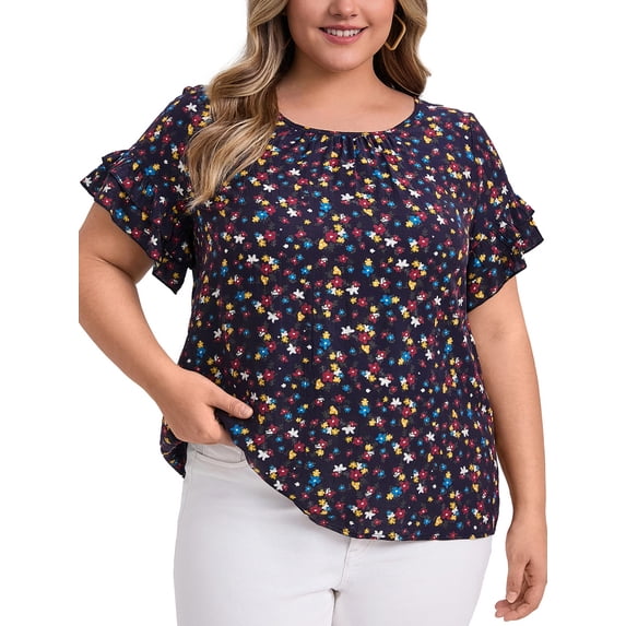 DARING DIVA Women's Plus Floral Print Ruffles Blouse 1X Dark Blue