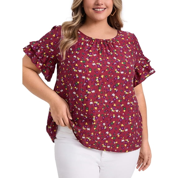 DARING DIVA Women's Plus Floral Print Ruffles Blouse 3X Red