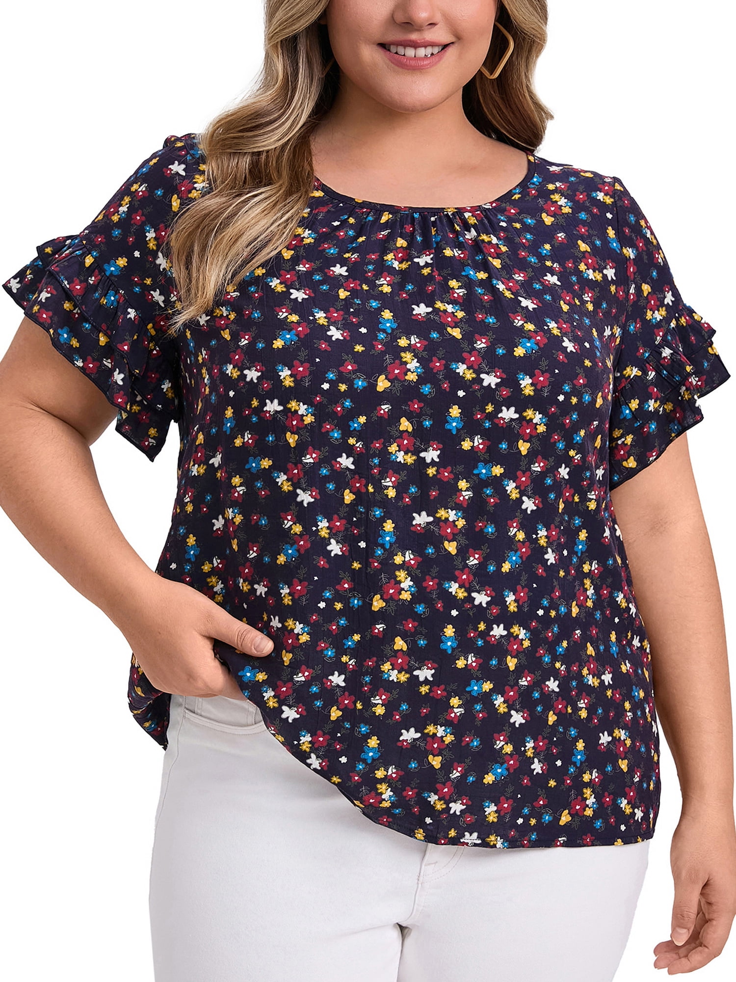 DARING DIVA Women's Plus Floral Print Ruffles Blouse 4X Dark Blue
