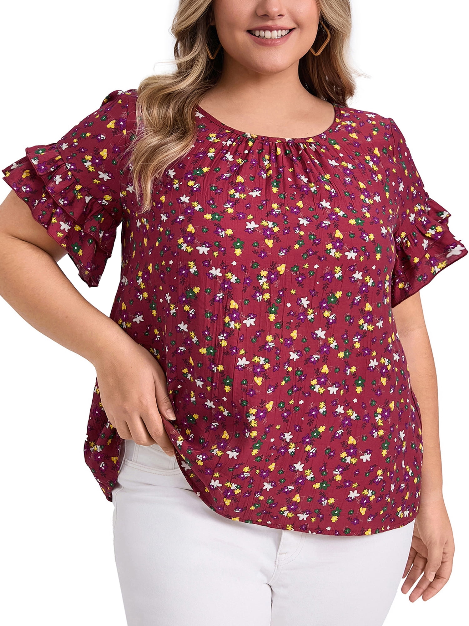 DARING DIVA Women's Plus Floral Print Ruffles Blouse 4X Red