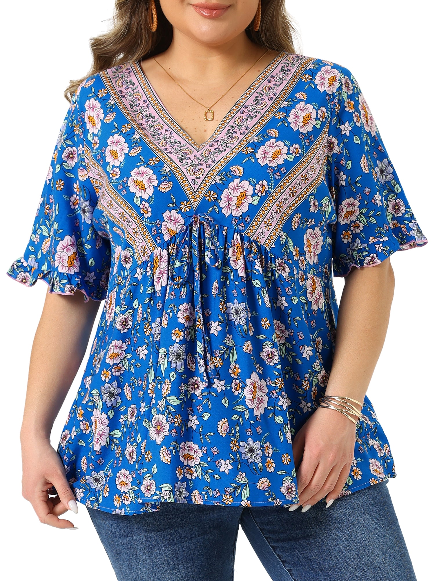 DARING DIVA Women's Plus Floral Print V Neck Boho Casual Loose Blouse 4X Blue