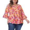 thumbnail image 1 of DARING DIVA Women's Plus Floral Ruffle 3/4 Sleeve Peplum Top 1X Orange, 1 of 6