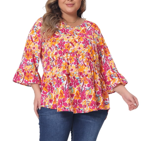 DARING DIVA Women's Plus Floral Ruffle 3/4 Sleeve Peplum Top 1X Orange