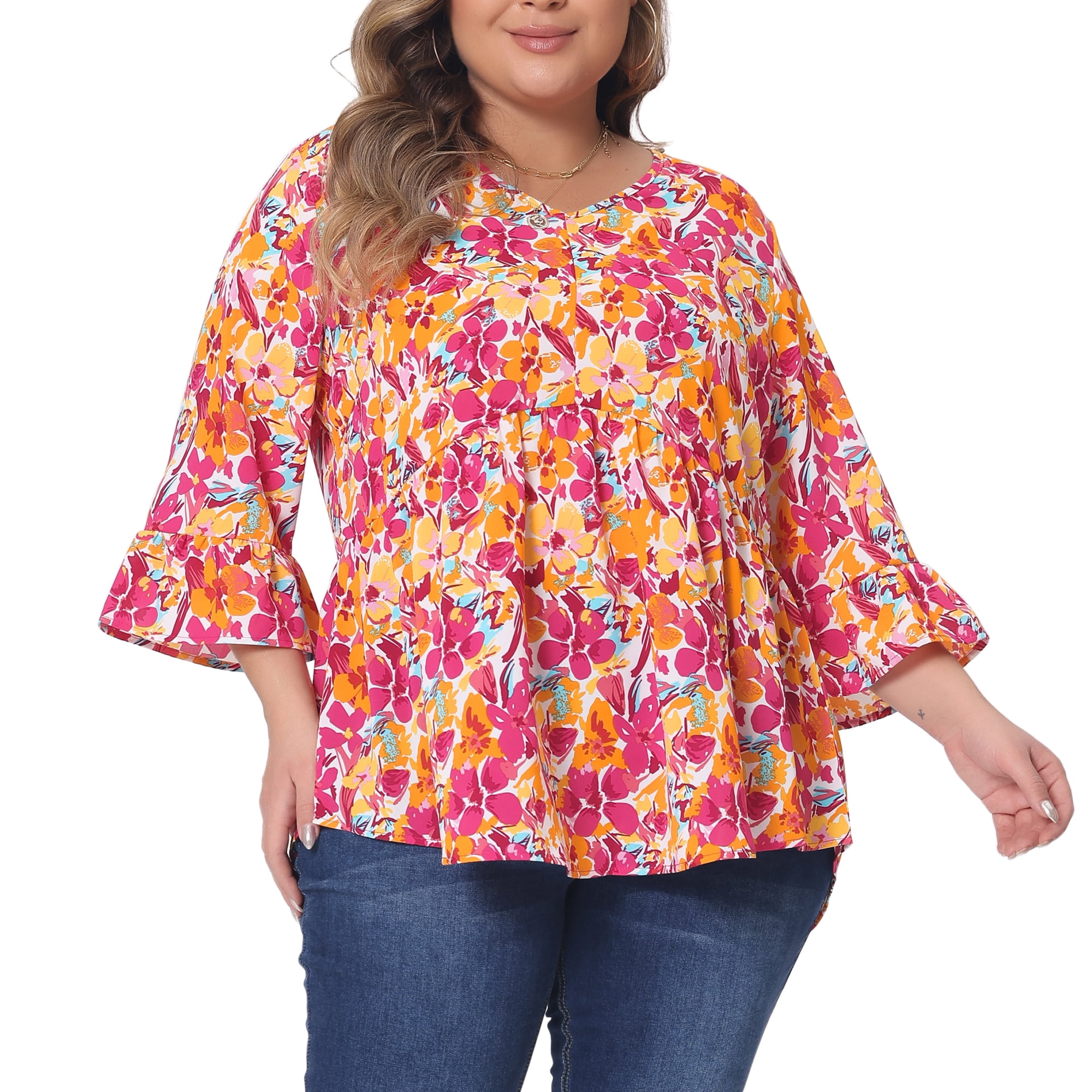 Women's Plus Floral Blouses V Neck Ruffle 3/4 Sleeve Babydoll Peplum Tops 4X Orange