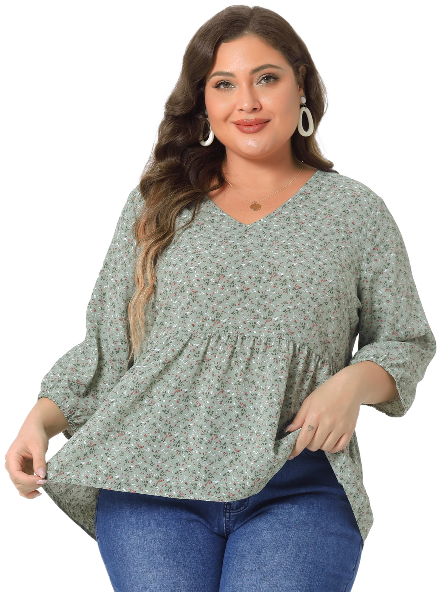 Unique Bargains Women's Plus Size V Neck Flowy 3/4 Sleeve Floral Blouse 2X Green