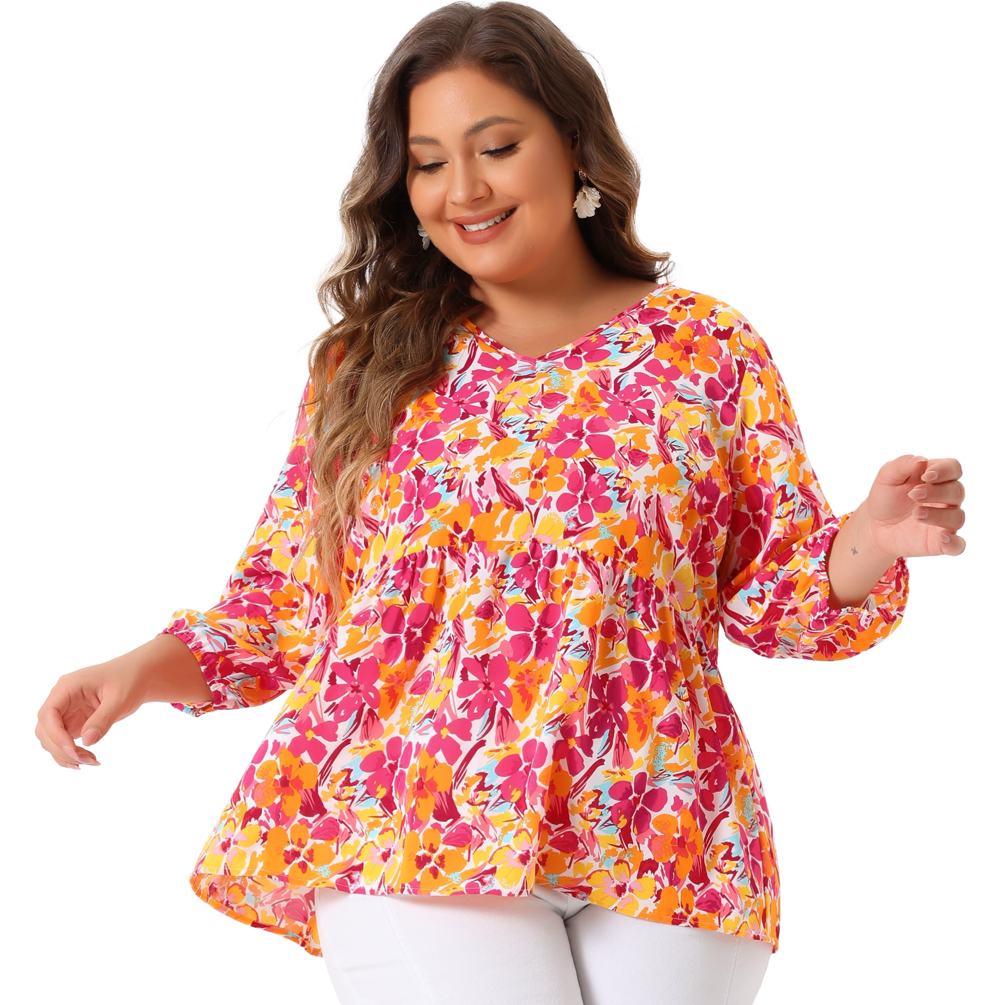Unique Bargains Women's Plus Size V Neck Flowy 3/4 Sleeve Floral Blouse 2X Orange Pink
