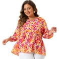 thumbnail image 1 of DARING DIVA Women's Plus Floral Ruffle Flowy Babydoll Blouse 2X Orange Pink, 1 of 6