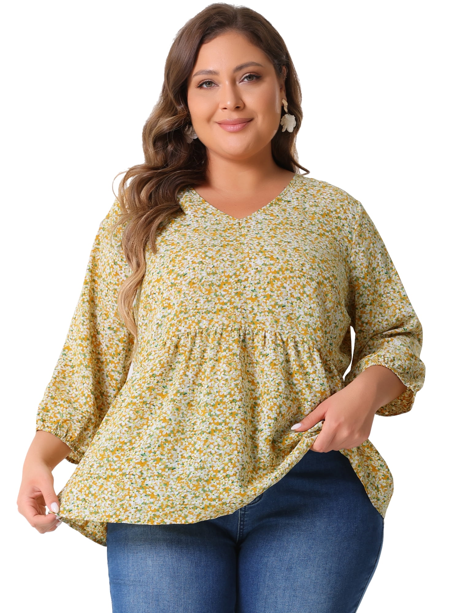 Unique Bargains Women's Plus Size V Neck Flowy 3/4 Sleeve Floral Blouse 2X Yellow