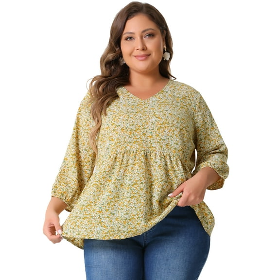 DARING DIVA Women's Plus Floral Ruffle Flowy Babydoll Blouse 2X Yellow