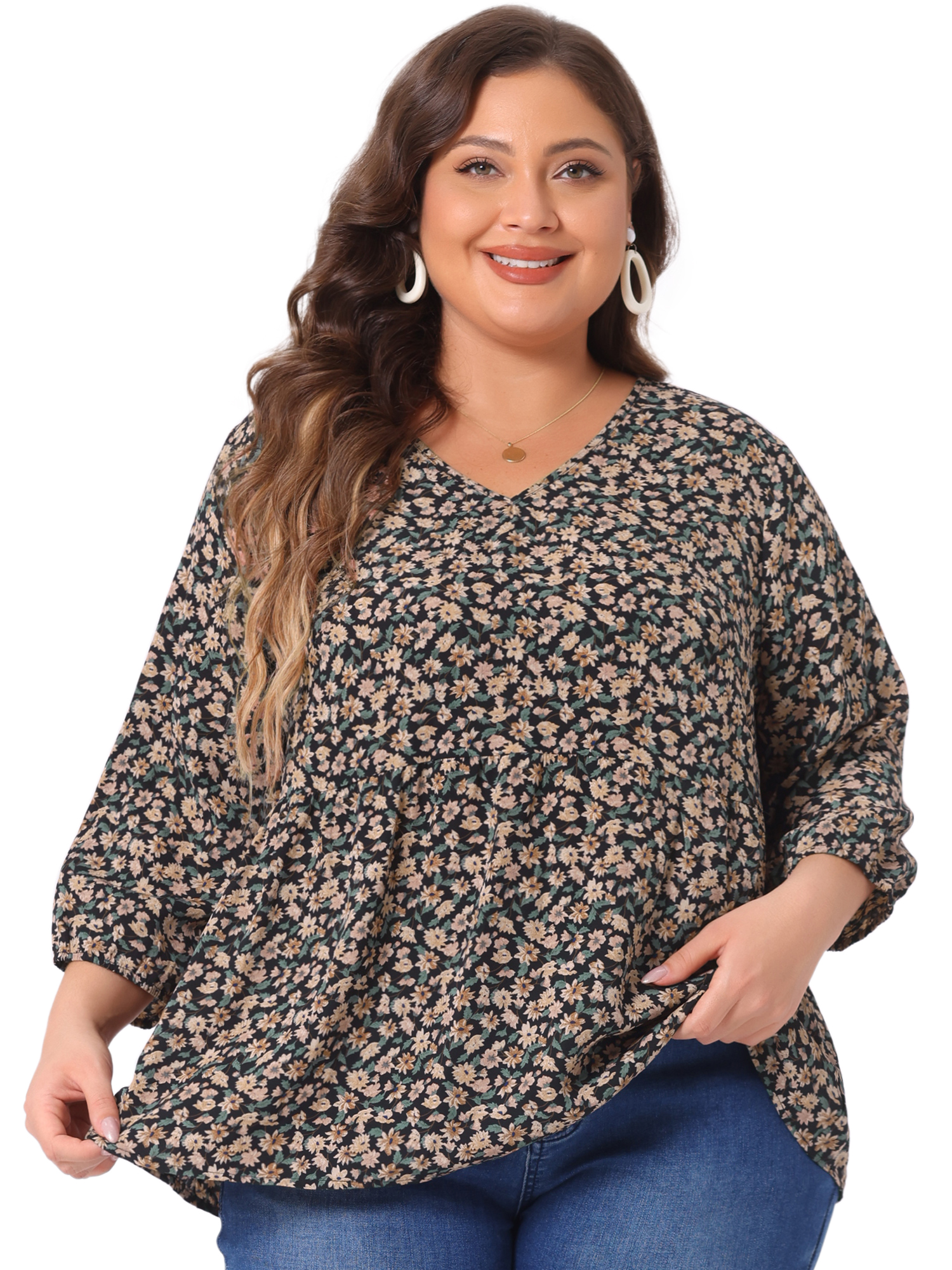 Unique Bargains Women's Plus Size V Neck Flowy 3/4 Sleeve Floral Blouse 3X Black Orange