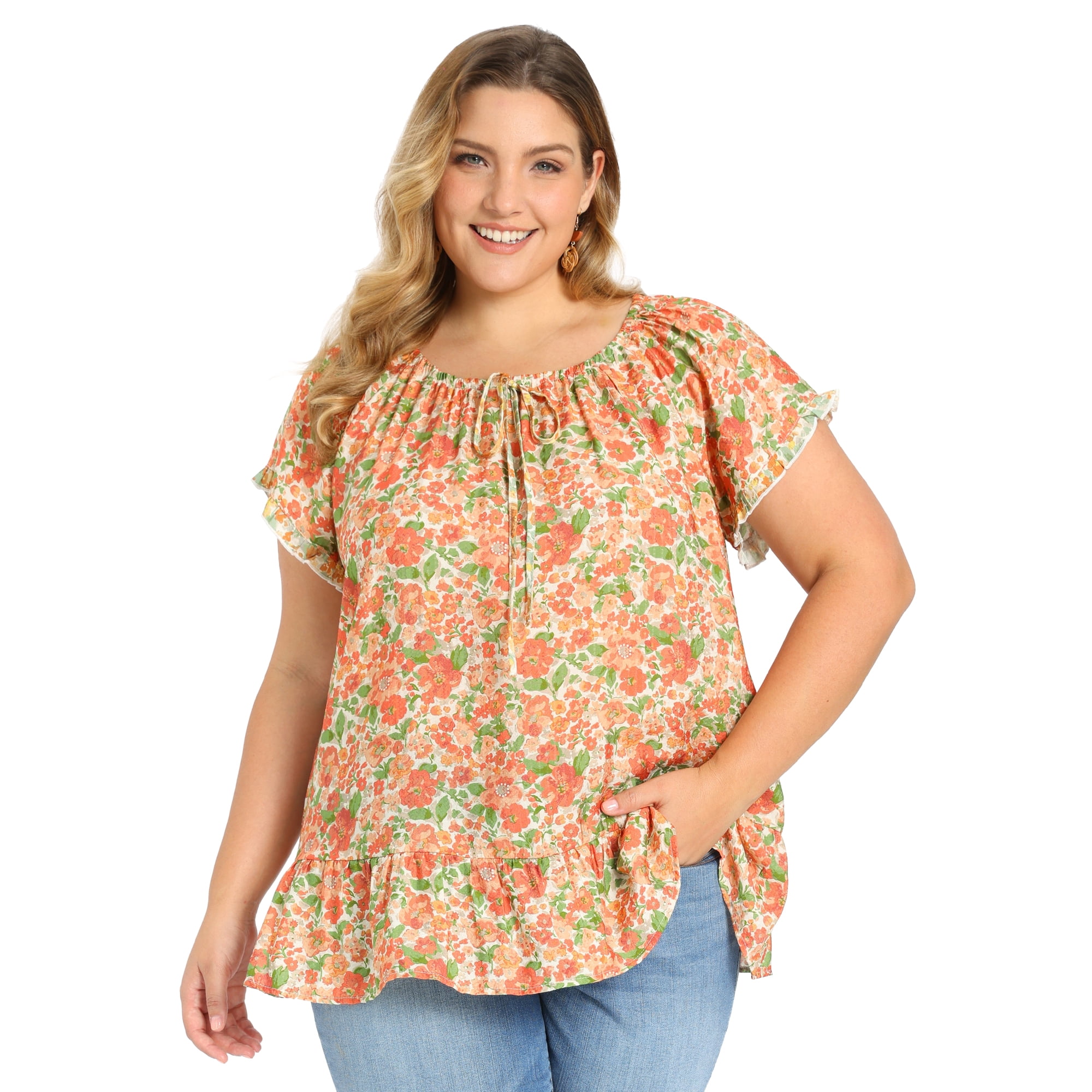 DARING DIVA Women's Plus Floral Ruffle Sleeve Tie Neck Blouses Top 1X Orange