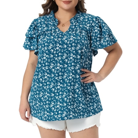 DARING DIVA Women's Plus Summer Ruffle V Neck Double Short Tops 2X Blue