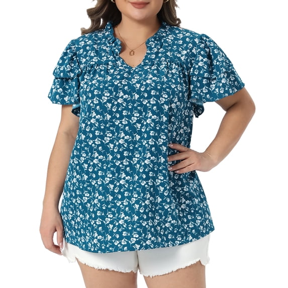 DARING DIVA Women's Plus Summer Ruffle V Neck Double Short Tops 2X Blue