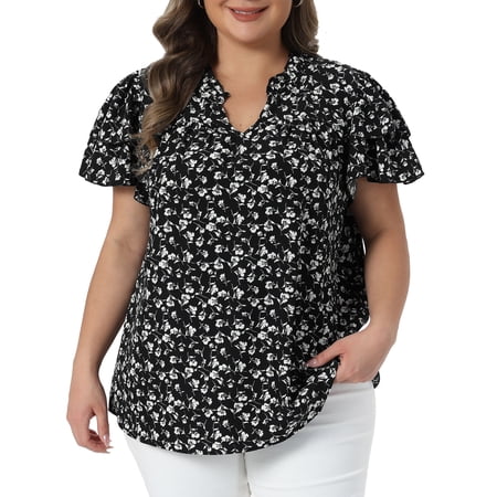 DARING DIVA Women's Plus Summer Ruffle V Neck Double Short Tops 3X Black