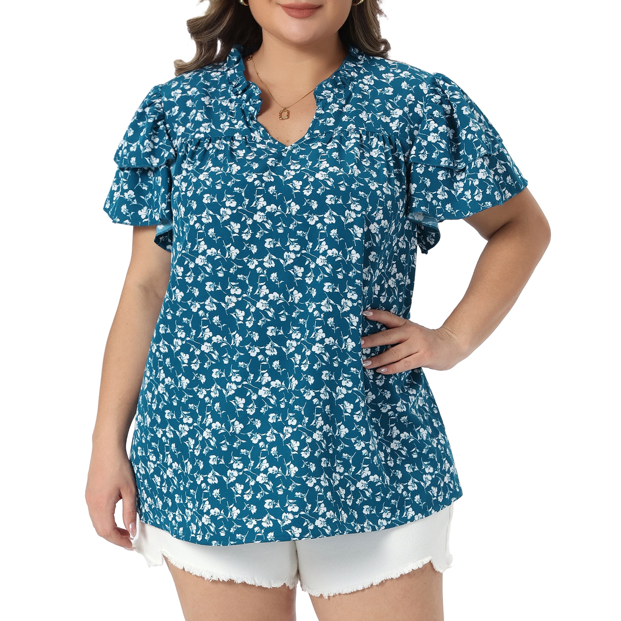 DARING DIVA Women's Plus Summer Ruffle V Neck Double Short Tops 3X Blue