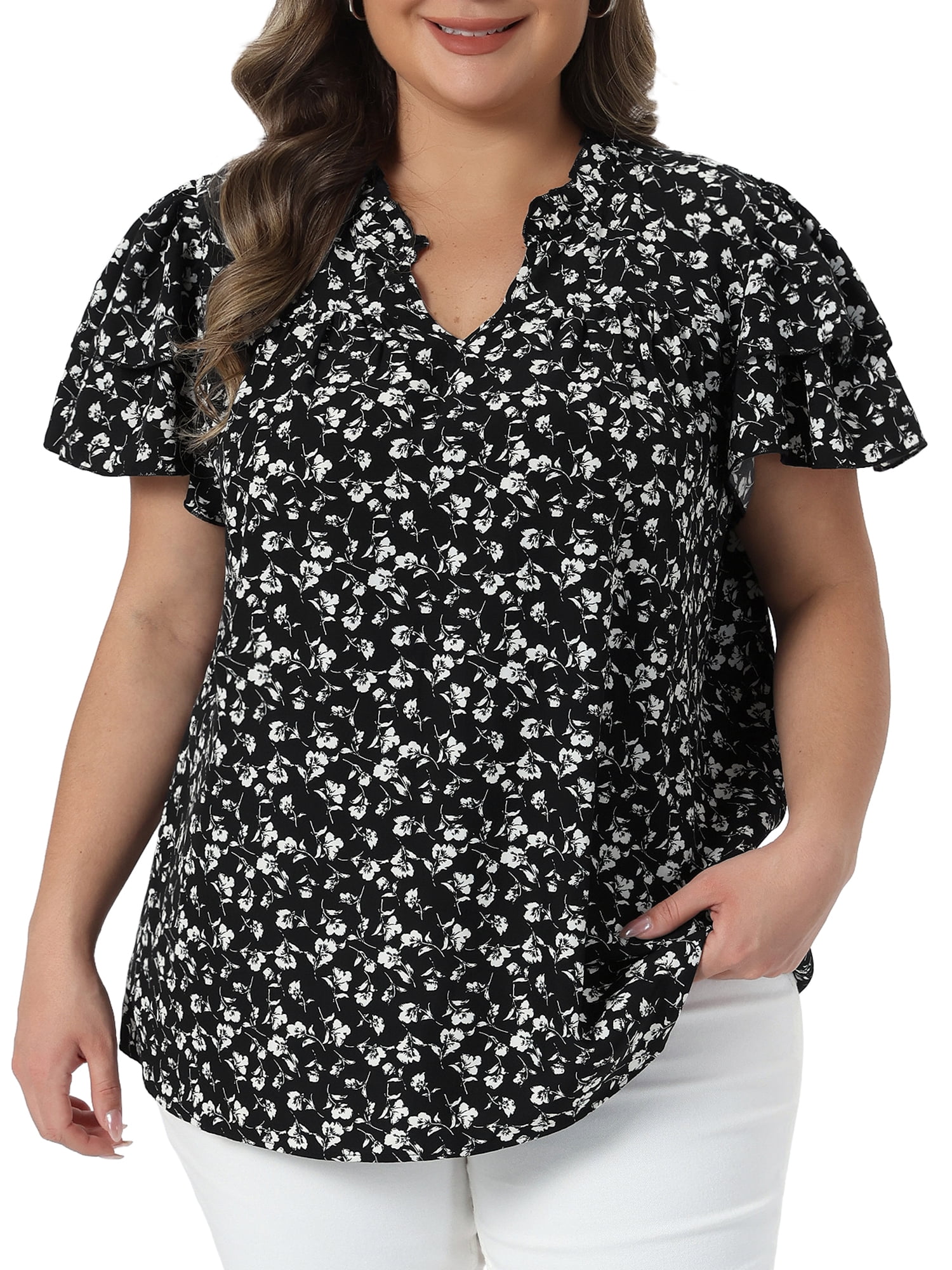 DARING DIVA Women's Plus Summer Ruffle V Neck Double Short Tops 4X Black