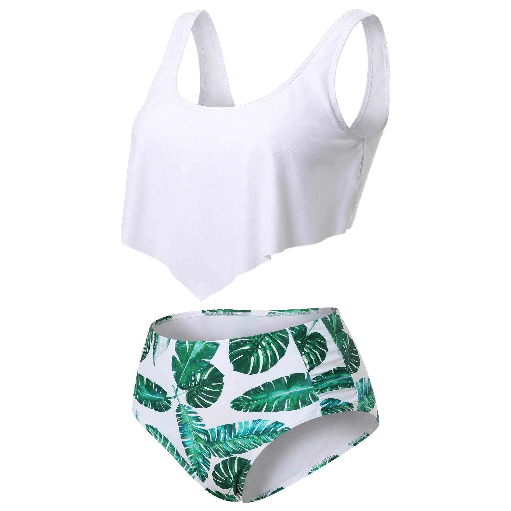 DARING DIVA Women's Plus Floral Ruffles Tankini 2pcs Bathing Suits 1X White