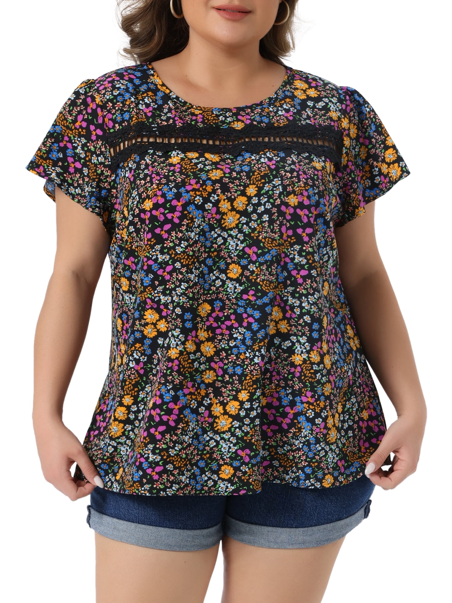 Women's Plus Women's Floral Short Sleeve Crew Neck Blouse Summer Shirt 3X Black