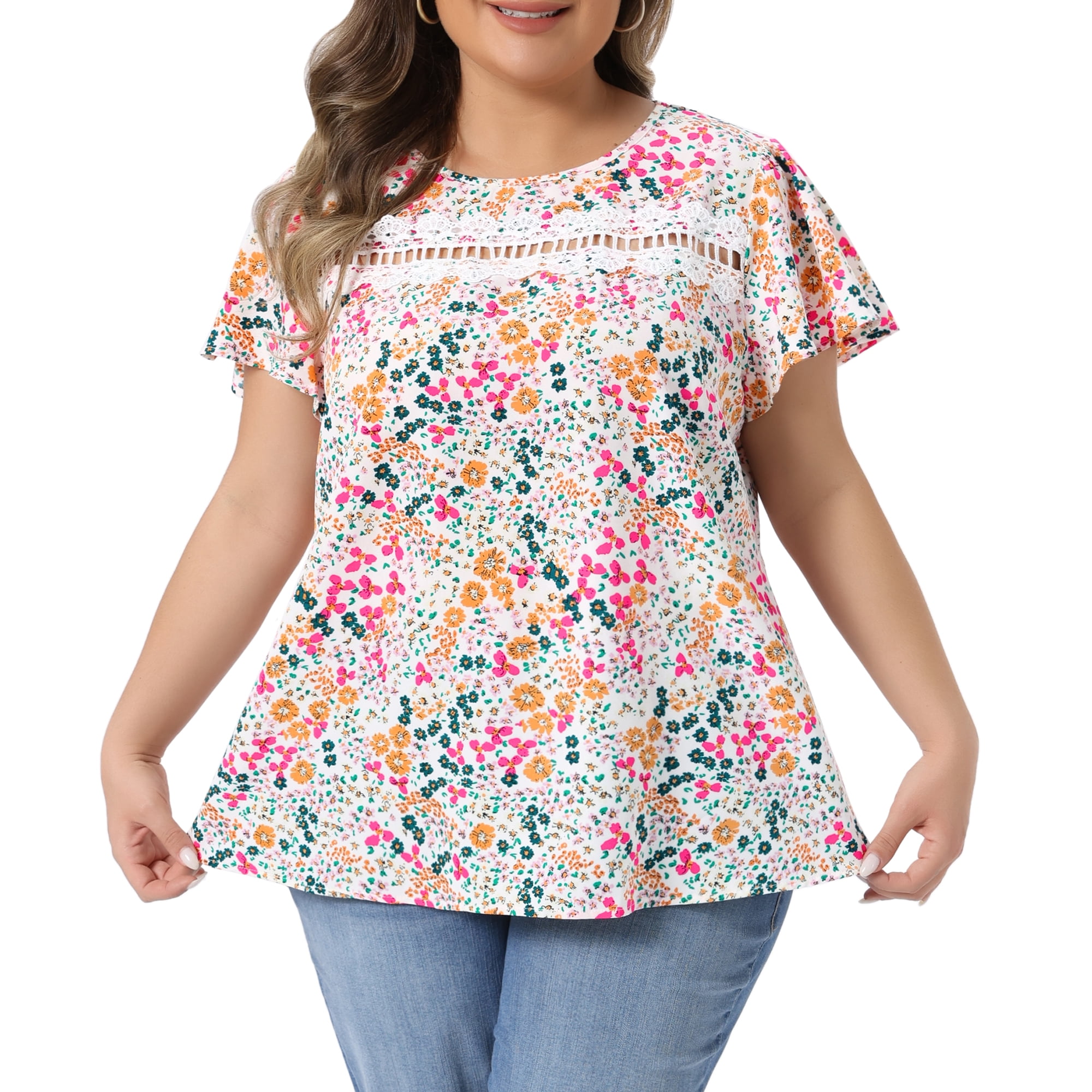 Women's Plus Women's Floral Short Sleeve Crew Neck Blouse Summer Shirt 4X White