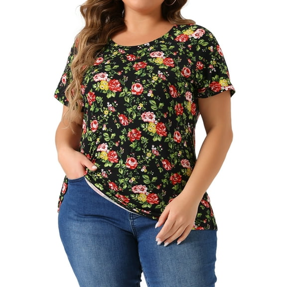 DARING DIVA Women's Plus Floral Short Sleeve Loose Casual Basic Blouse 2X Black