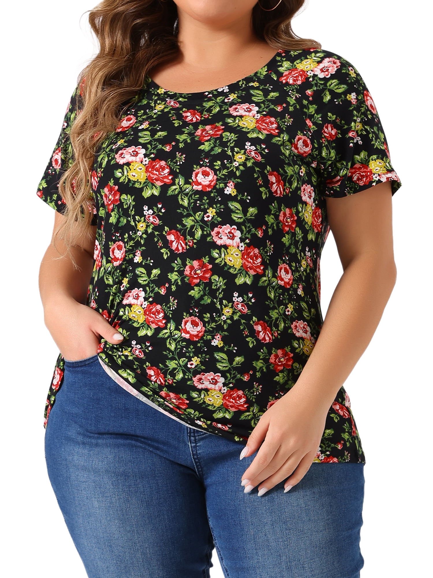Women's Plus Summer Casual Floral Top Blouse Round Neck Short Sleeve Tee 3X Black