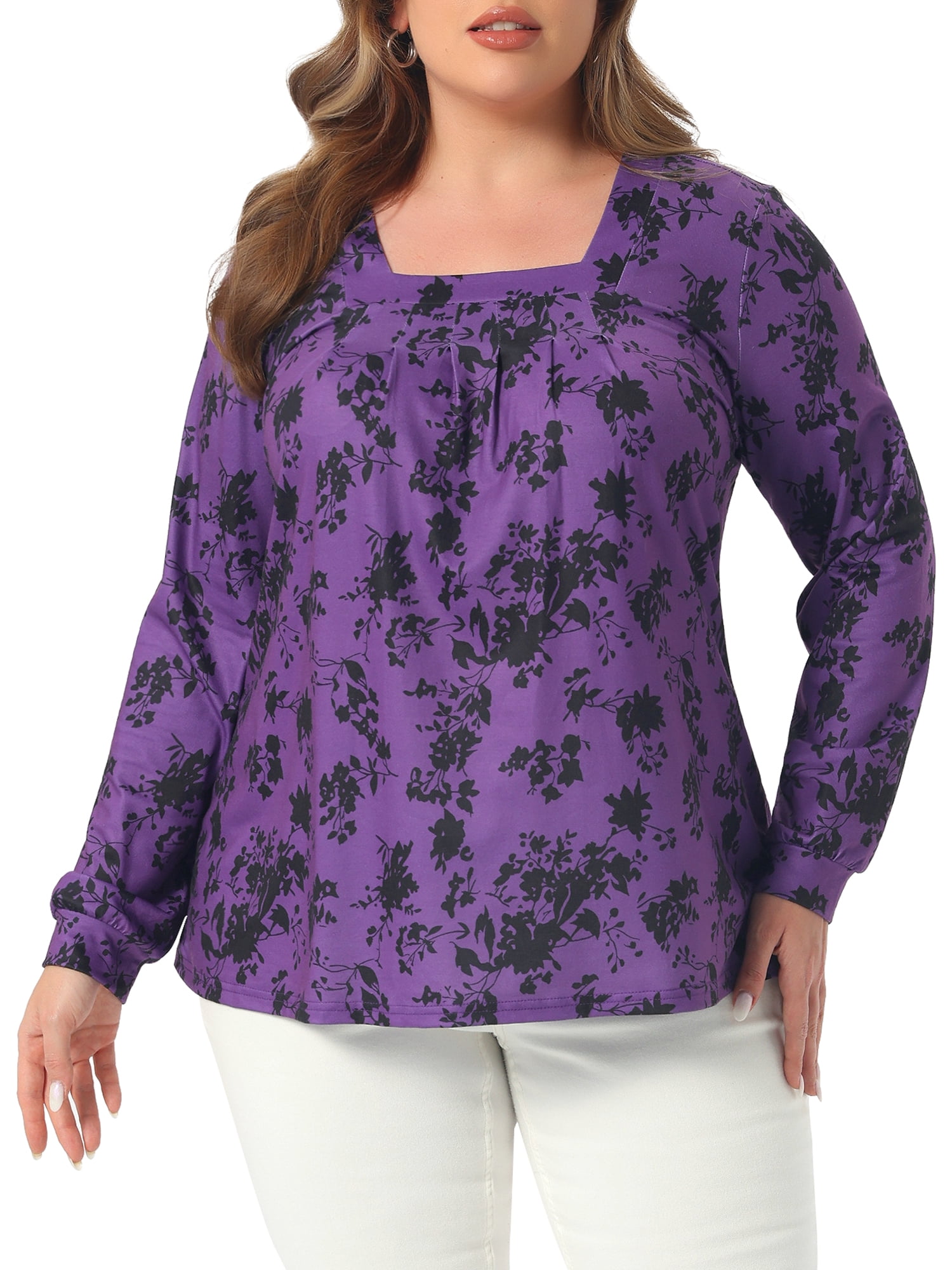 DARING DIVA  Women's Plus Floral Square Neck Blouse 2X Purple
