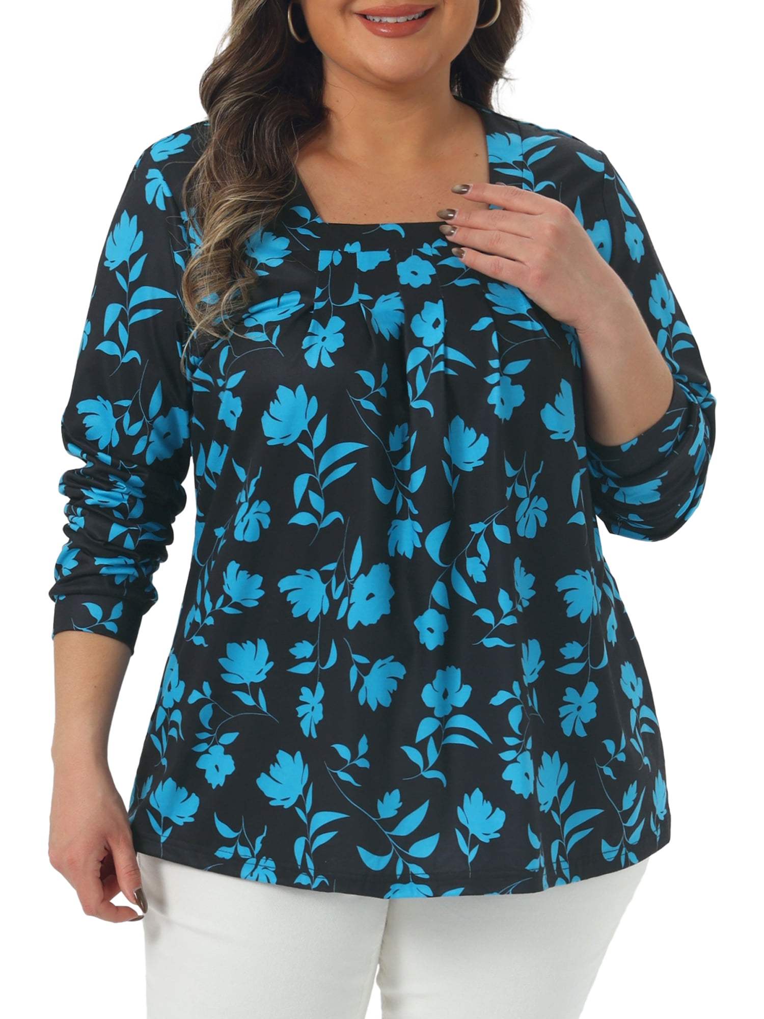 DARING DIVA  Women's Plus Floral Square Neck Blouse 3X Blue