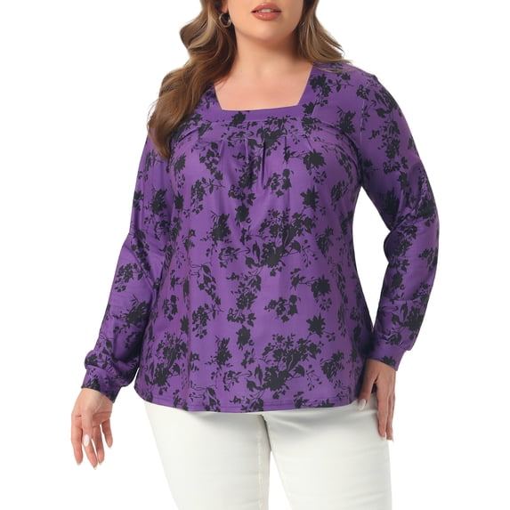 DARING DIVA Women's Plus Floral Square Neck Blouse 4X Purple