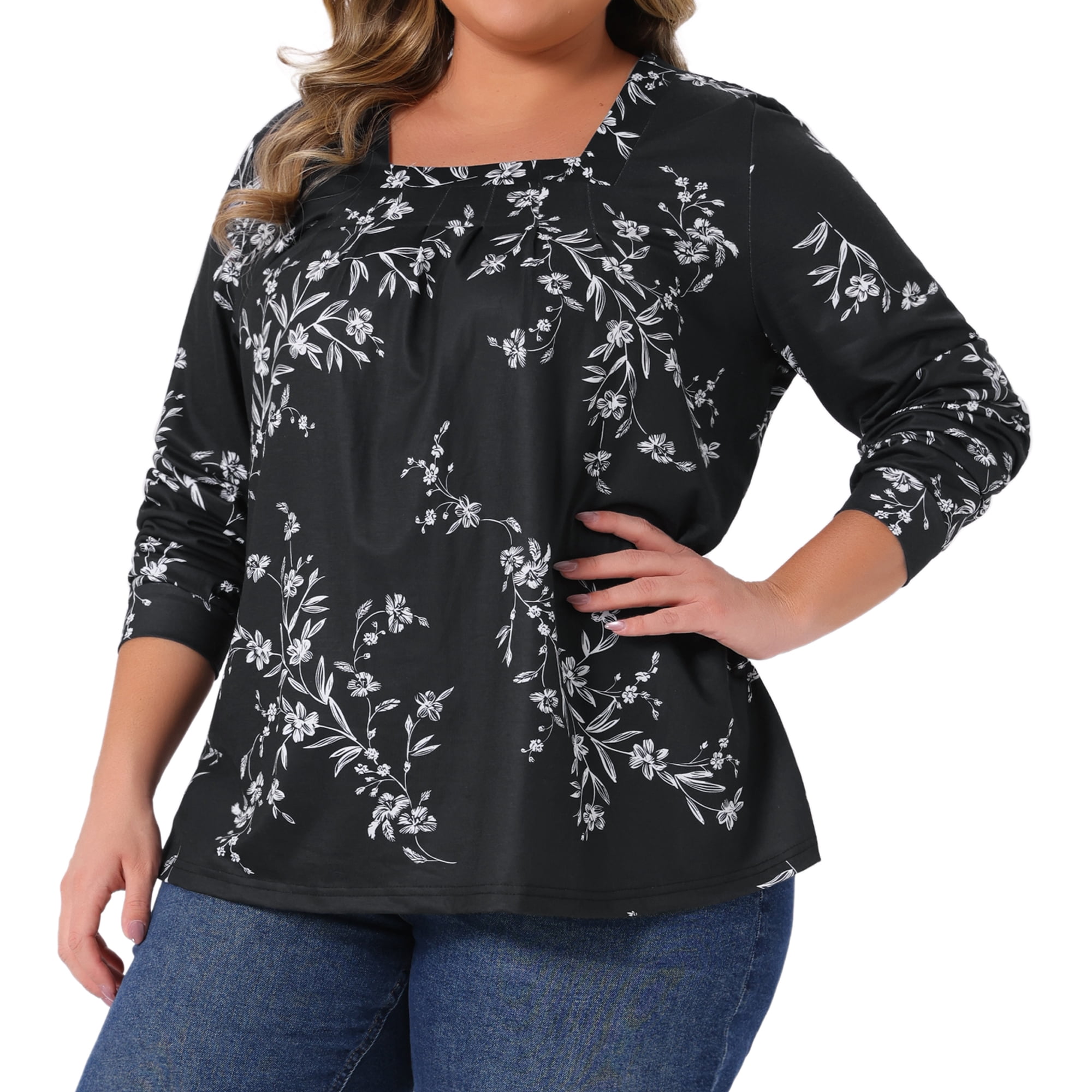 DARING DIVA  Women's Plus Floral Square Neck Blouse 3X Black