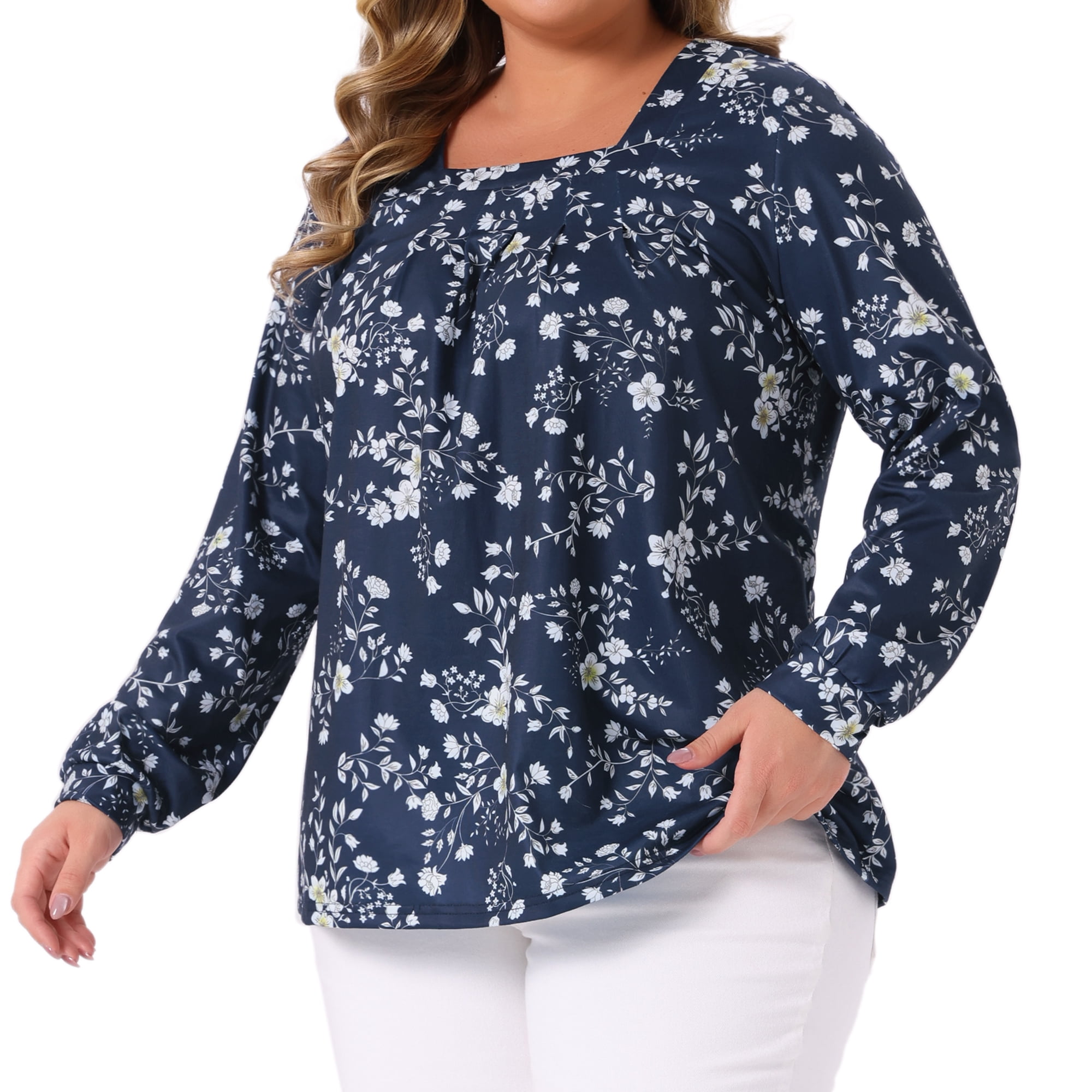 DARING DIVA  Women's Plus Floral Square Neck Blouse 4X Navy Blue