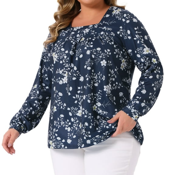 DARING DIVA Women's Plus Floral Square Neck Long Sleeve Blouse 4X Navy Blue