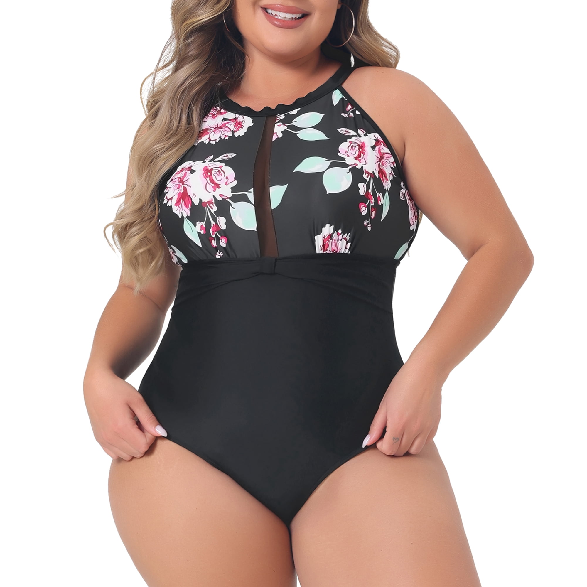 DARING DIVA Women's Plus Floral Swimwear Flattering High Waisted Bathing Suits 4X Black