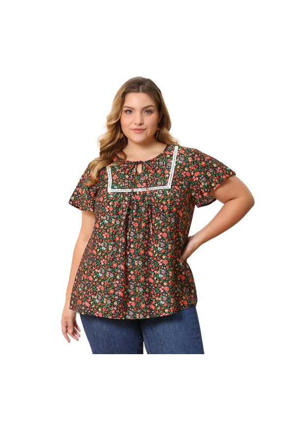 Women's Plus Floral Tie Neck Blouse with Ruffle Sleeve 1X Black