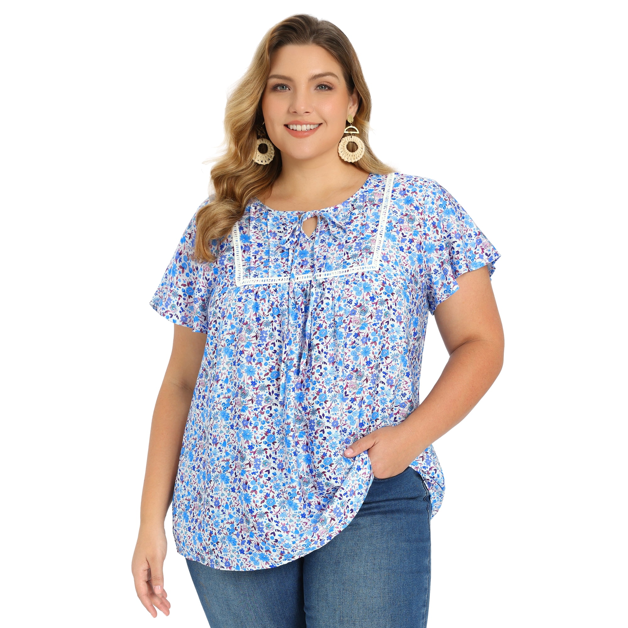 DARING DIVA Women's Plus Floral Tie Neck Blouse with Ruffle Sleeve 2X Sky Blue