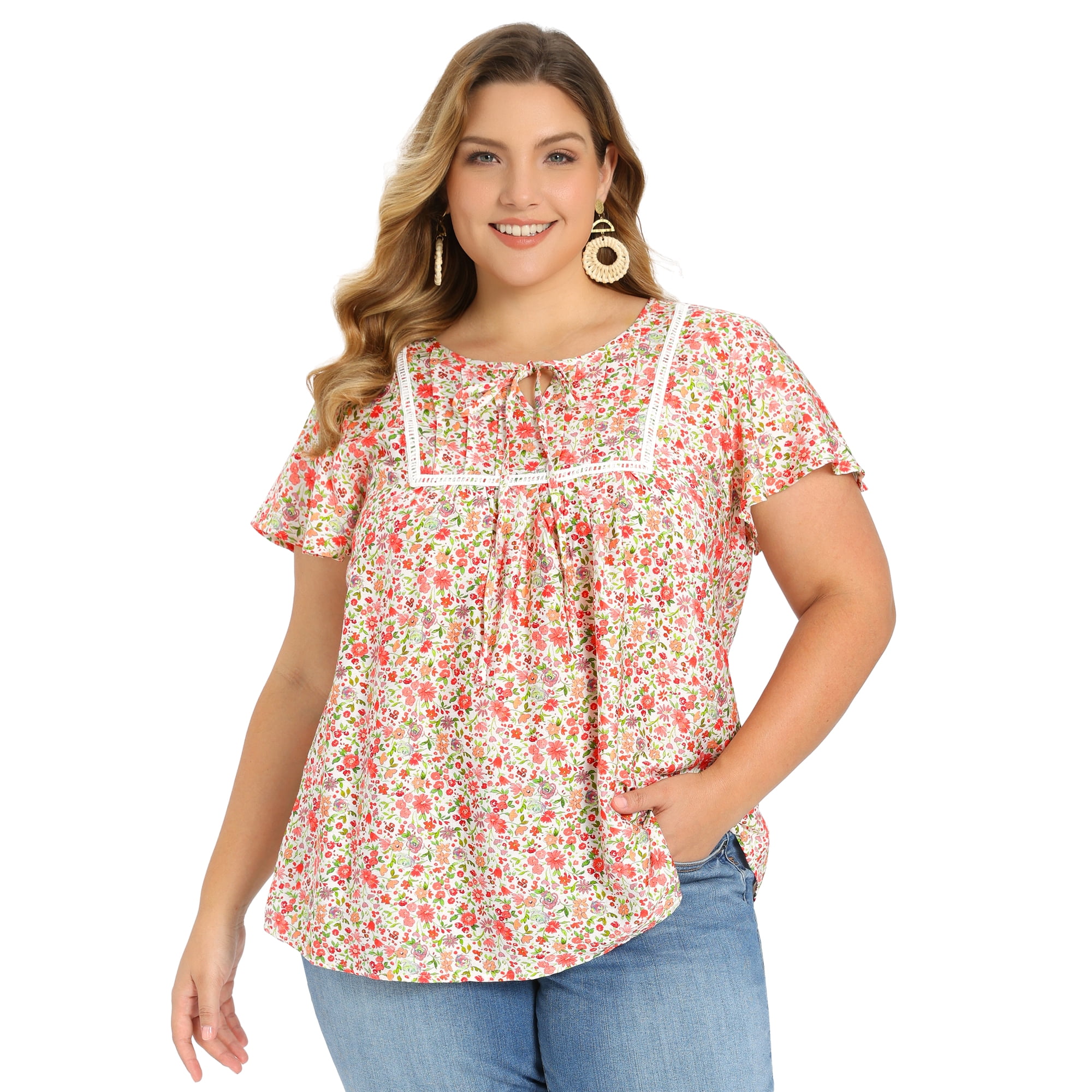 DARING DIVA Women's Plus Floral Tie Neck Blouse with Ruffle Sleeve 3X Pink