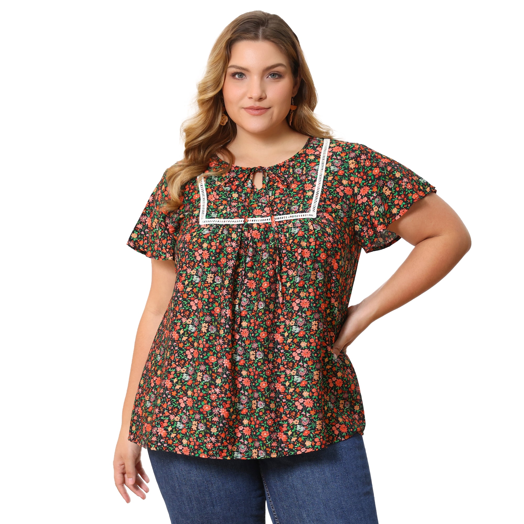 DARING DIVA Women's Plus Floral Tie Neck Blouse with Ruffle Sleeve 4X Black