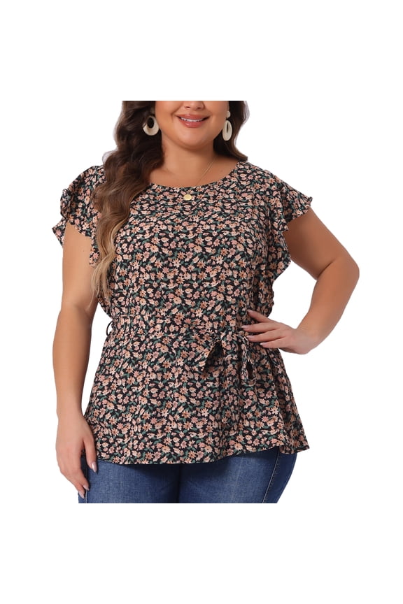 Women's Plus Floral Tie Waist Flare Sleeve Top 2X Black Orange