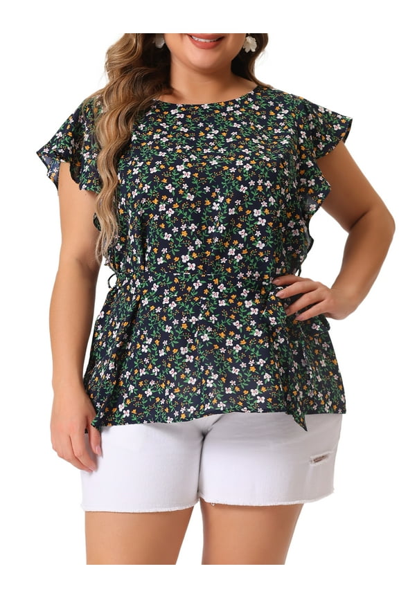 Women's Plus Floral Tie Waist Flare Sleeve Top 2X Black