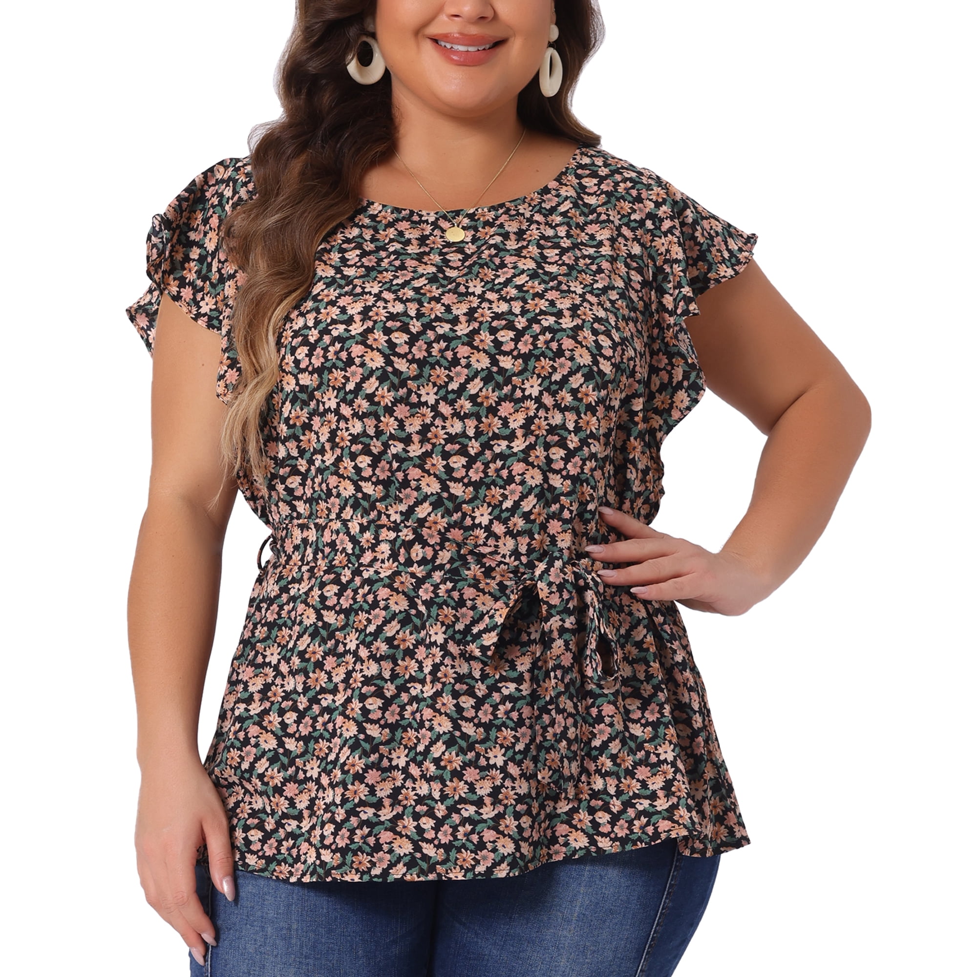 DARING DIVA Women's Plus Floral Tie Waist Flare Sleeve Top 3X Black Orange