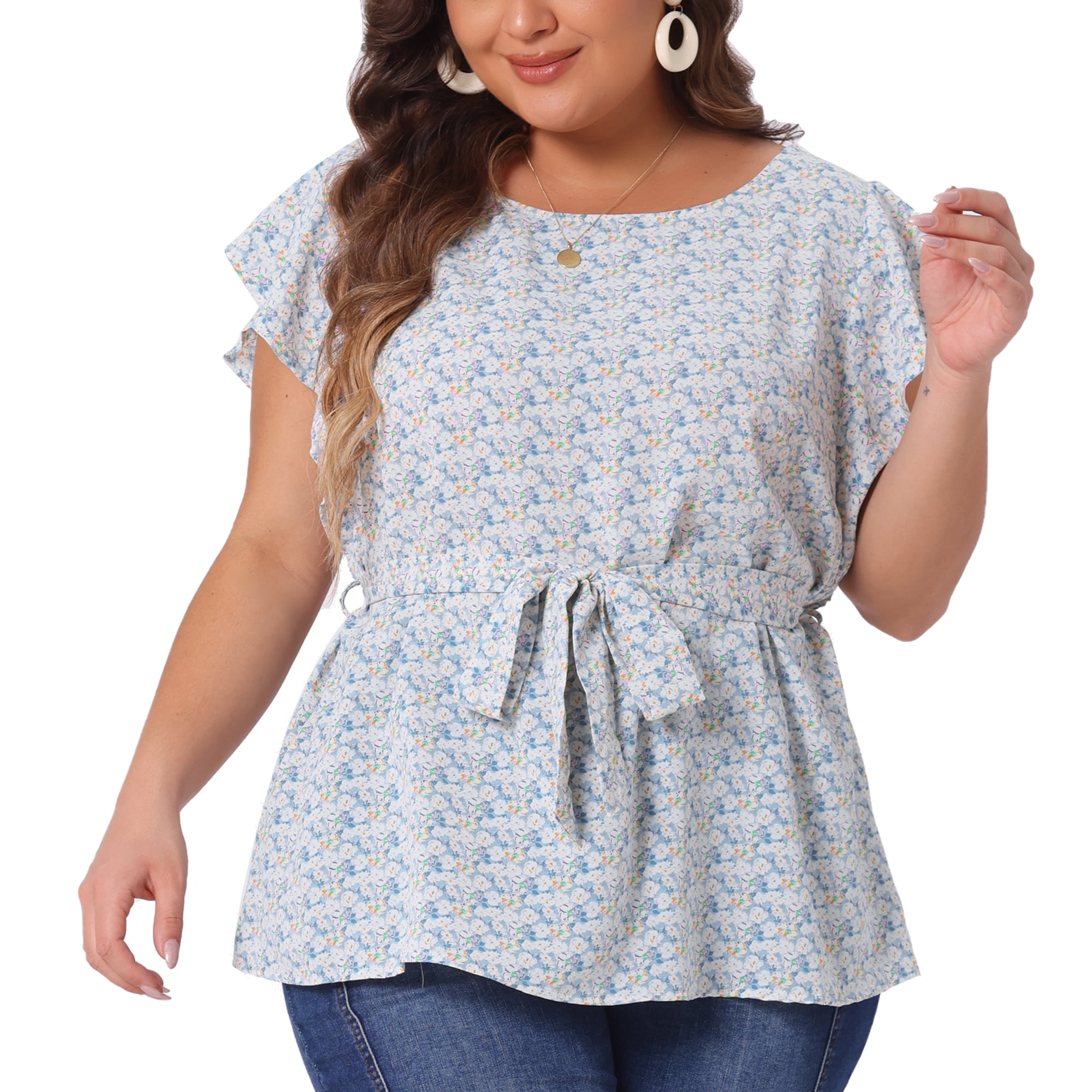 DARING DIVA Women's Plus Floral Tie Waist Flare Sleeve Top 4X Blue