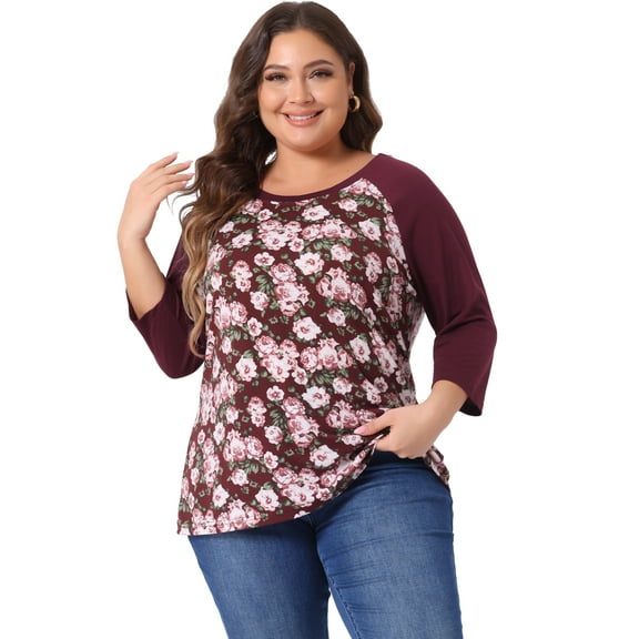 DARING DIVA Women's Plus Floral Tops Round Neck 3/4 Sleeves Blouse 1X Burgundy