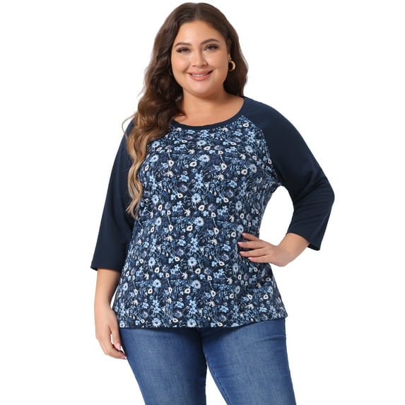 DARING DIVA Women's Plus Floral Tops Round Neck 3/4 Sleeves Blouse 1X Dark Blue