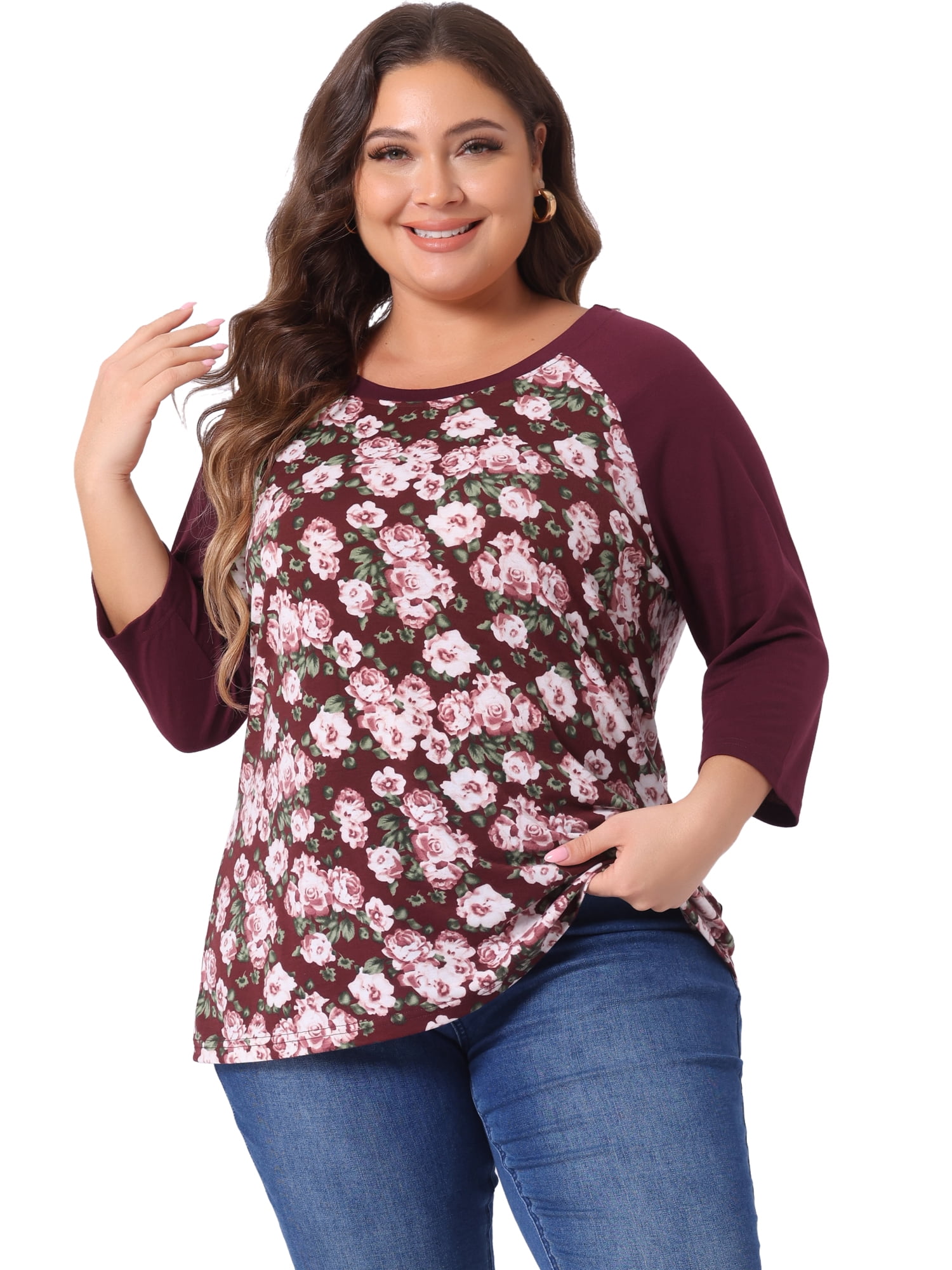 DARING DIVA Women's Plus Size Raglan Crewneck 3/4 Sleeve Floral Tunic Tee 2X Burgundy