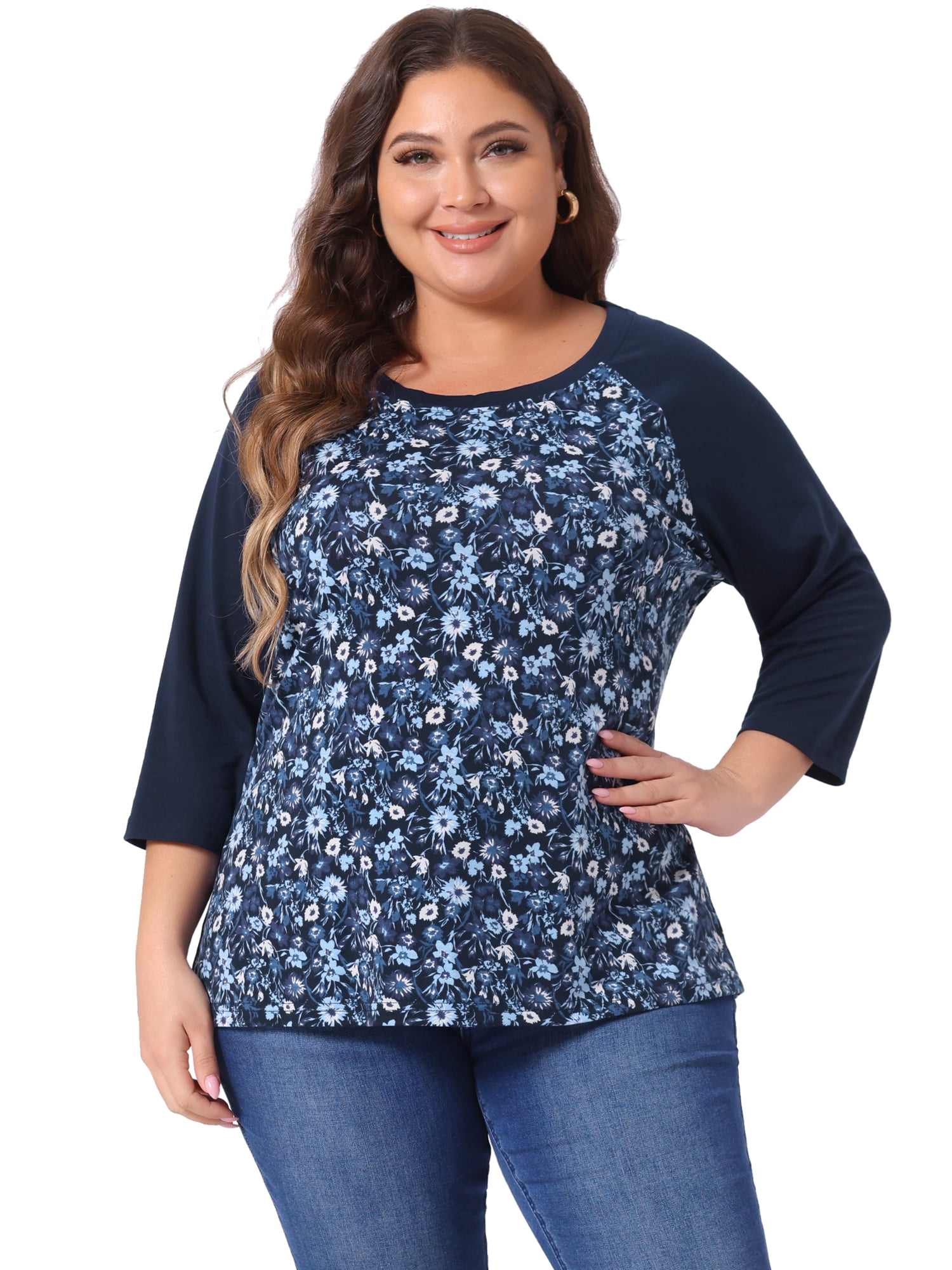 DARING DIVA Women's Plus Size Raglan Crewneck 3/4 Sleeve Floral Tunic Tee 3X Dark Blue