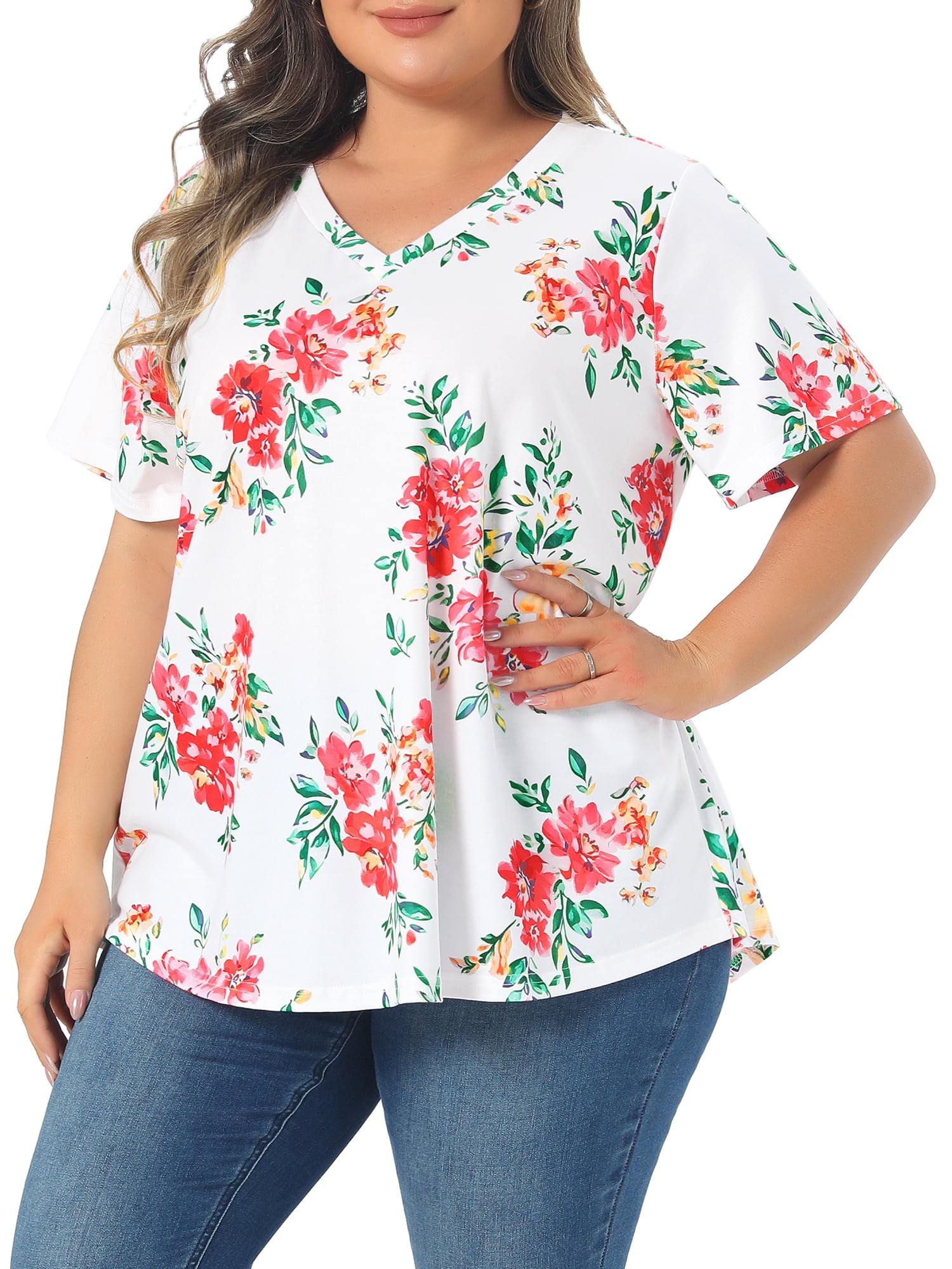 DARING DIVA Women's Plus Floral V Neck Blouse Tee Loose Tunics 2X White